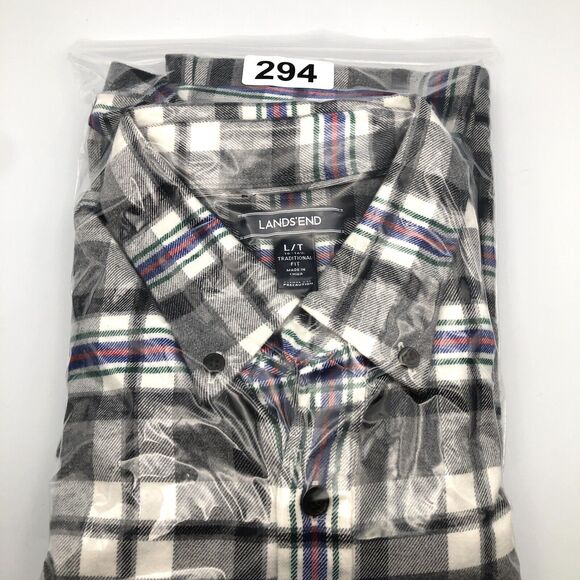 Lands End Mens Flannel Shirt Black White Plaid Size Large Button Down Casual Emo - Picture 11 of 11